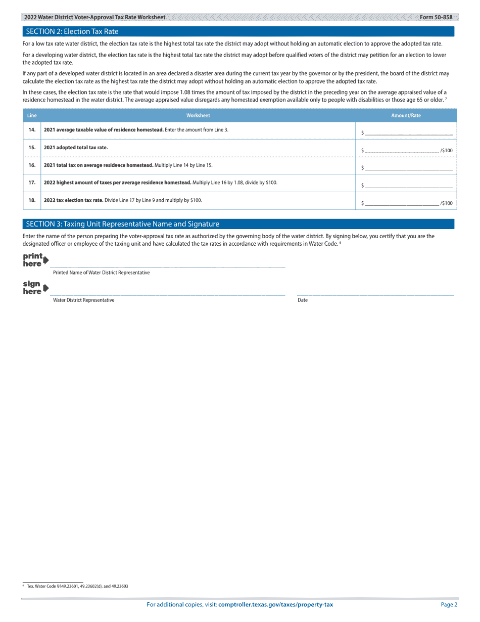 Form 50-858 Water District Voter-Approval Tax Rate Worksheet for Low Tax Rate and Developing Districts - Texas, Page 2