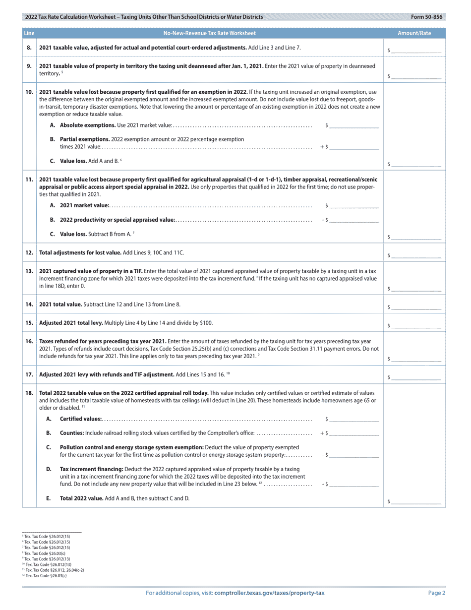 Form 50-856 Tax Rate Calculation Worksheet - Taxing Units Other Than School Districts or Water Districts - Texas, Page 2