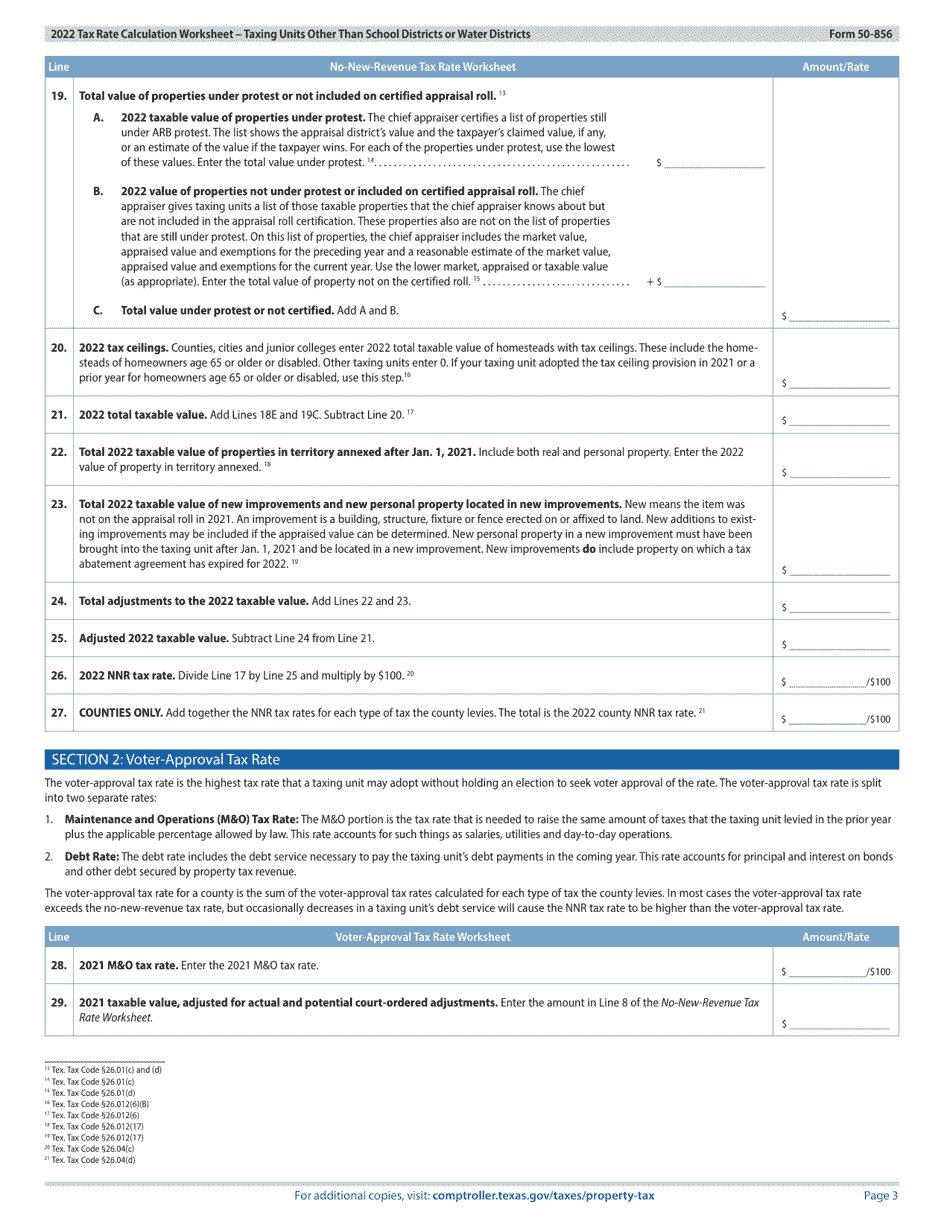 Form 50-856 Tax Rate Calculation Worksheet - Taxing Units Other Than School Districts or Water Districts - Texas, Page 3