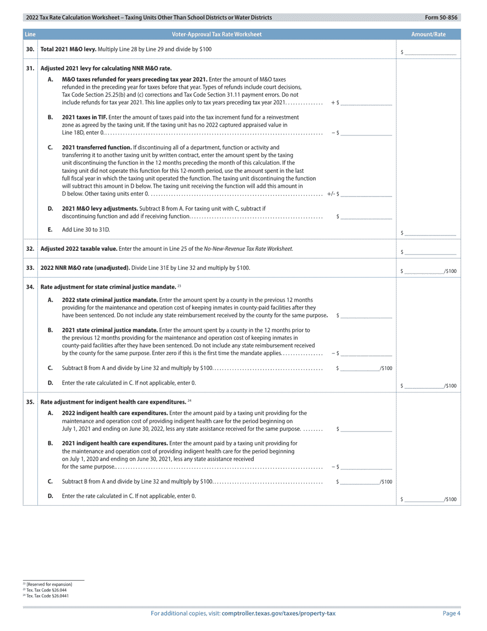 Form 50-856 Tax Rate Calculation Worksheet - Taxing Units Other Than School Districts or Water Districts - Texas, Page 4