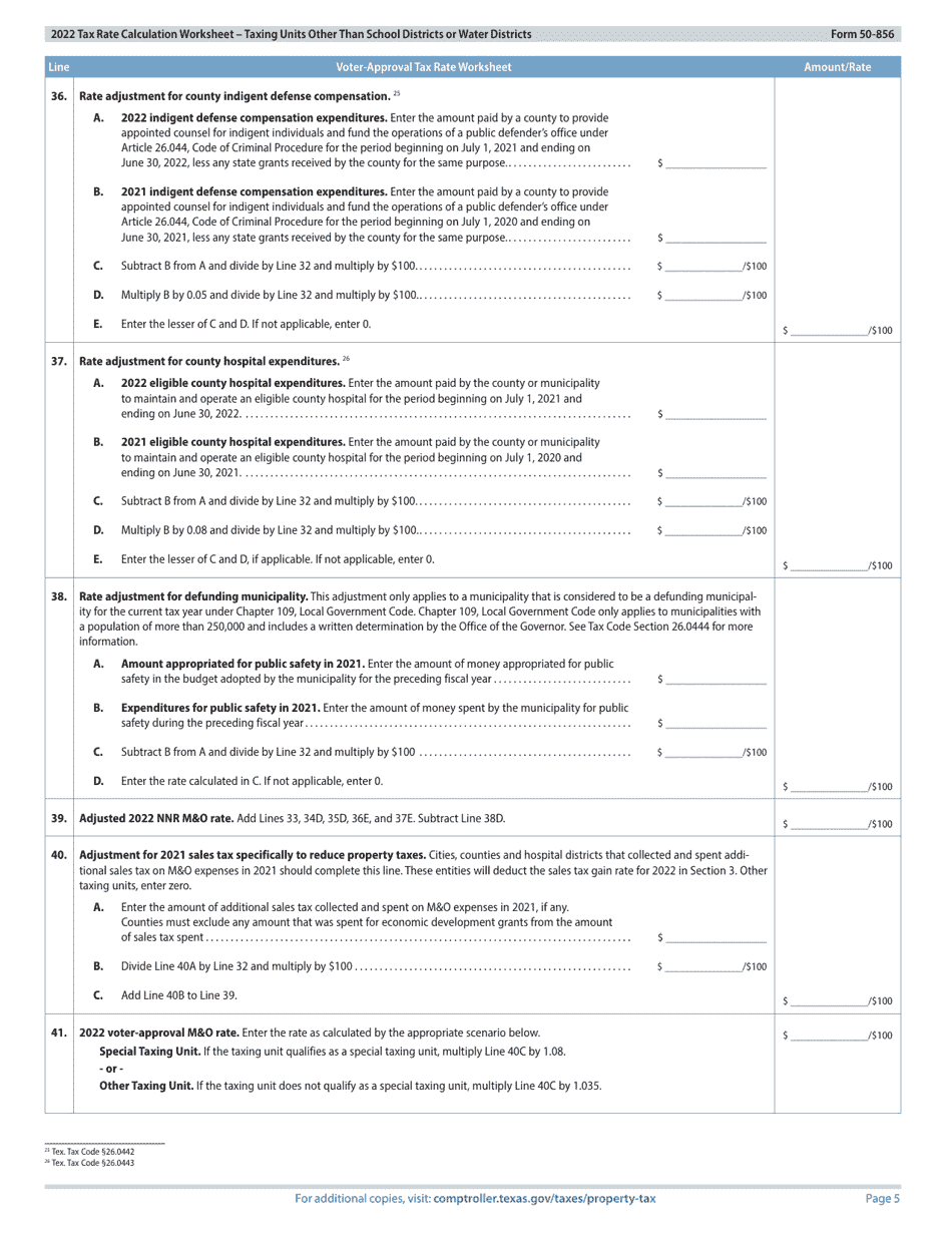 Form 50-856 Tax Rate Calculation Worksheet - Taxing Units Other Than School Districts or Water Districts - Texas, Page 5
