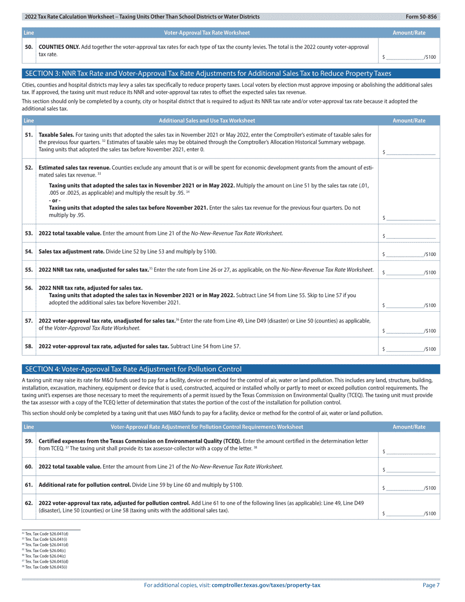 Form 50-856 Tax Rate Calculation Worksheet - Taxing Units Other Than School Districts or Water Districts - Texas, Page 7