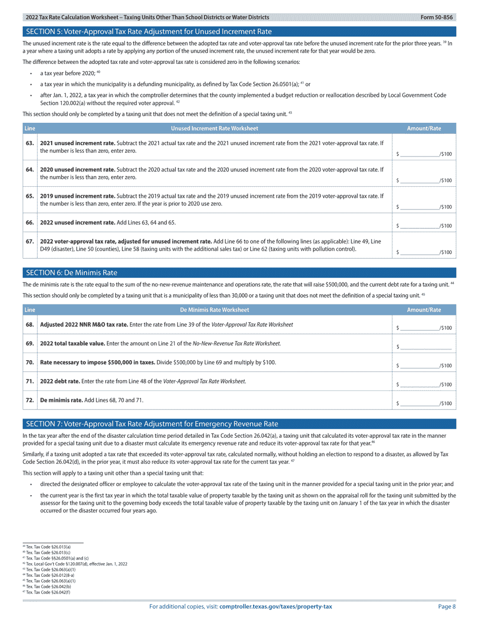 Form 50-856 Tax Rate Calculation Worksheet - Taxing Units Other Than School Districts or Water Districts - Texas, Page 8