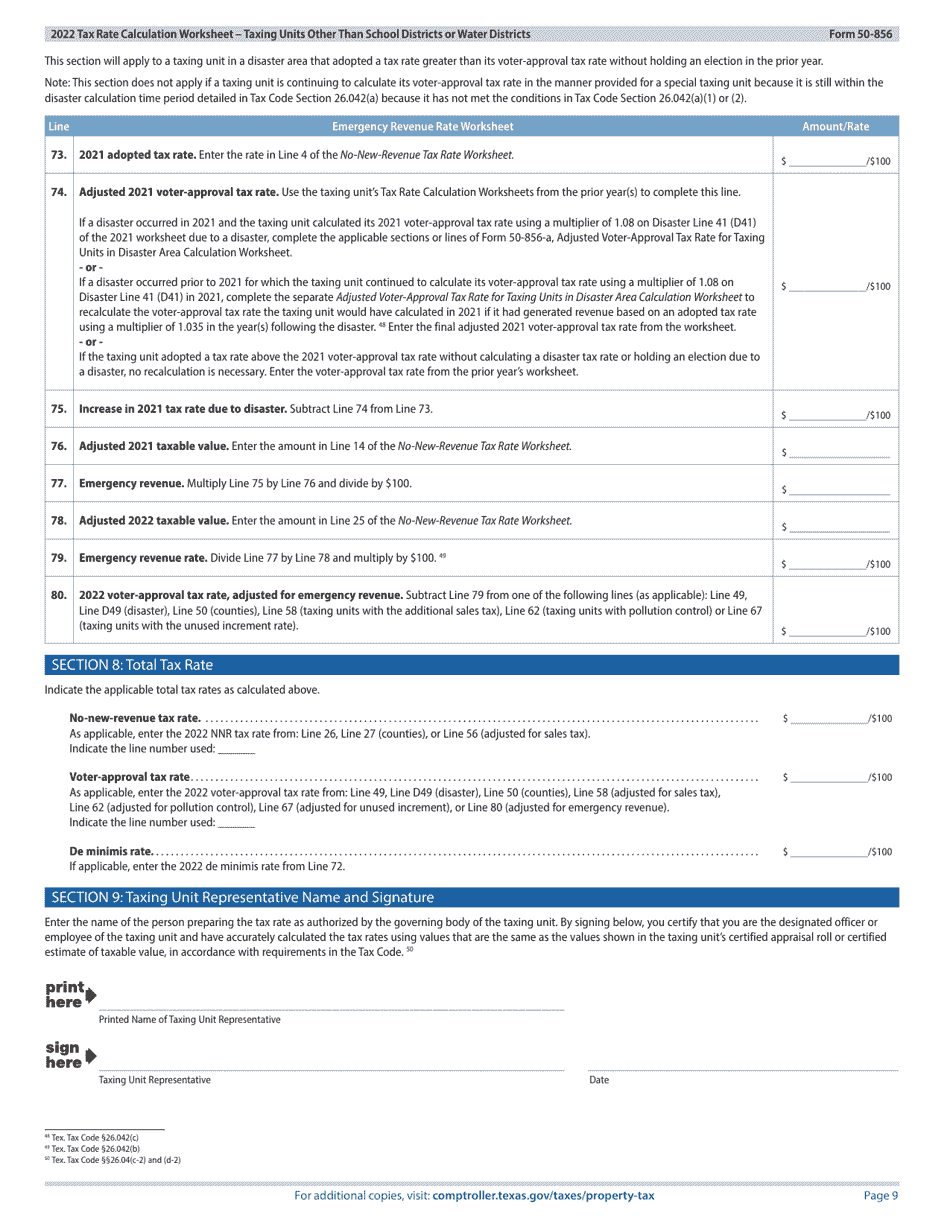 Form 50-856 Tax Rate Calculation Worksheet - Taxing Units Other Than School Districts or Water Districts - Texas, Page 9