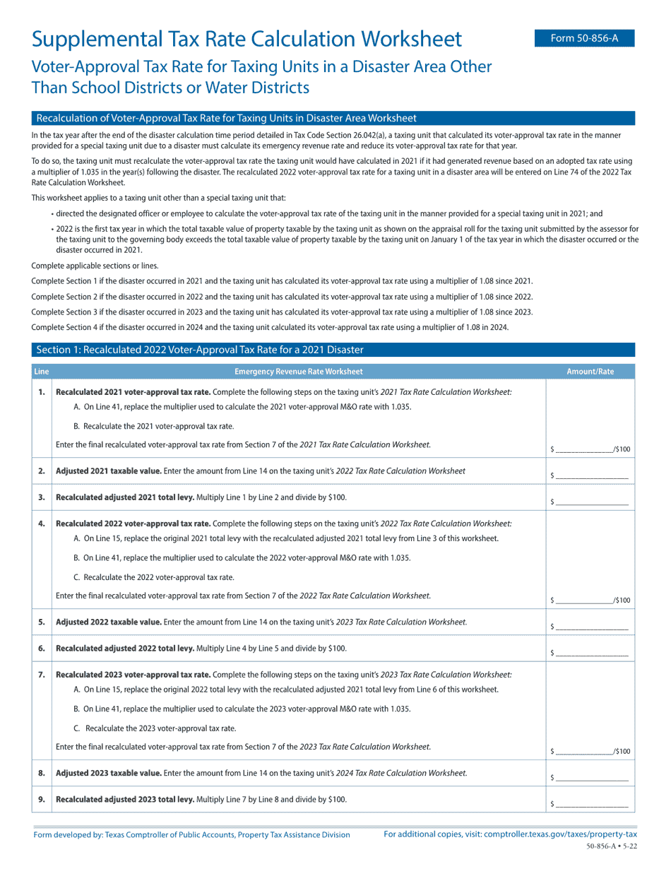 Form 50856A Download Fillable PDF or Fill Online Supplemental Tax Rate Calculation Worksheet