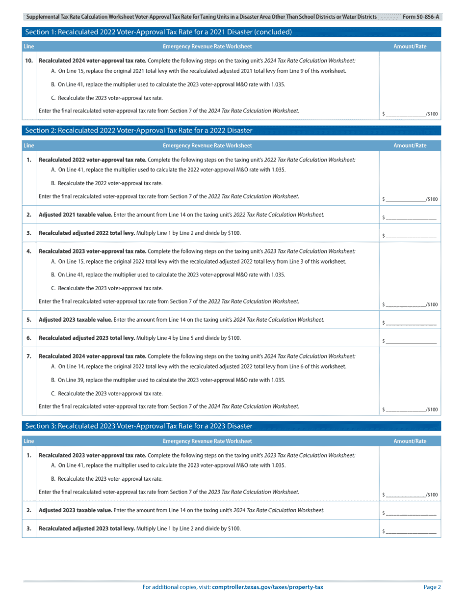Form 50-856-A Supplemental Tax Rate Calculation Worksheet Voter-Approval Tax Rate for Taxing Units in a Disaster Area Other Than School Districts or Water Districts - Texas, Page 2