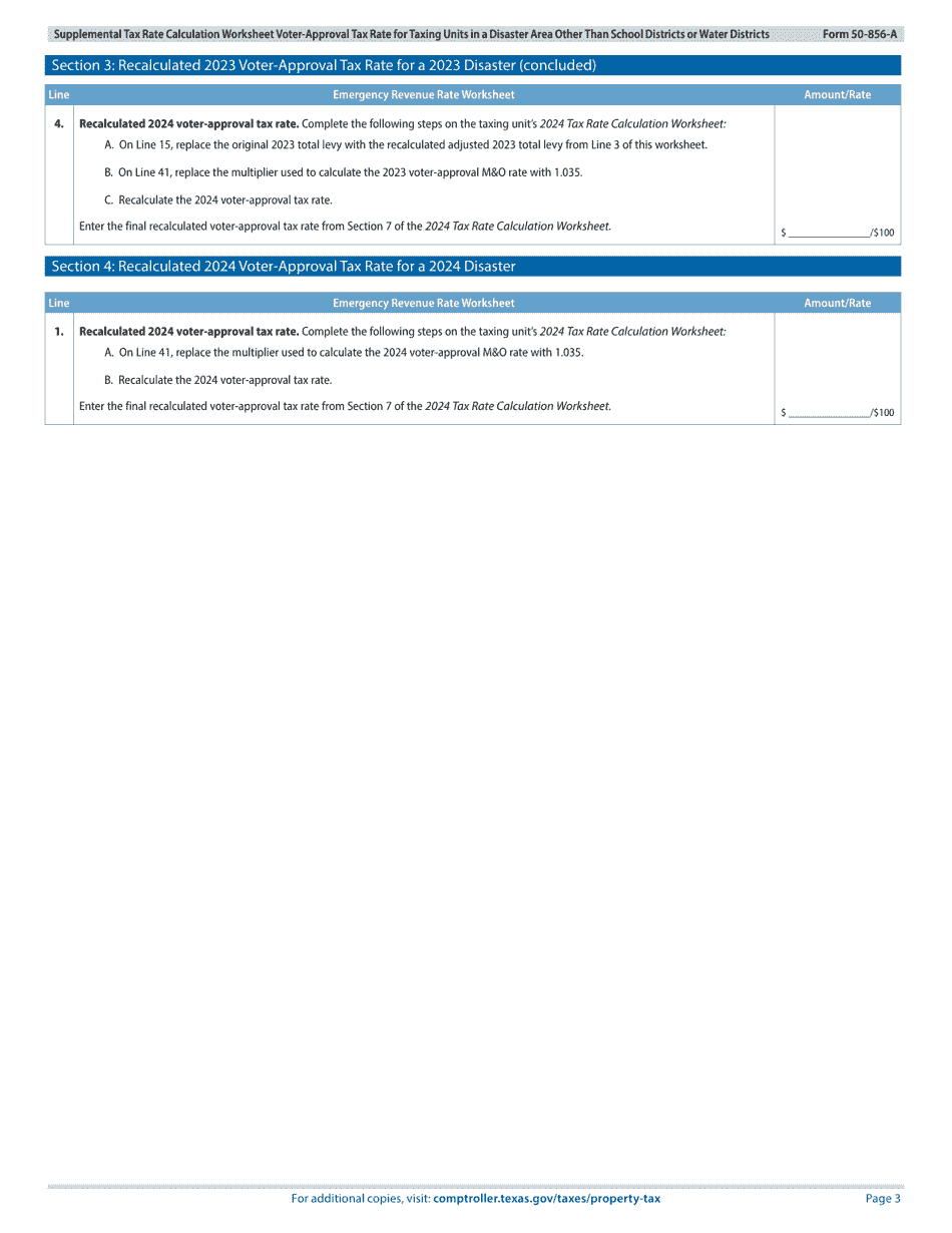 Form 50-856-A Supplemental Tax Rate Calculation Worksheet Voter-Approval Tax Rate for Taxing Units in a Disaster Area Other Than School Districts or Water Districts - Texas, Page 3