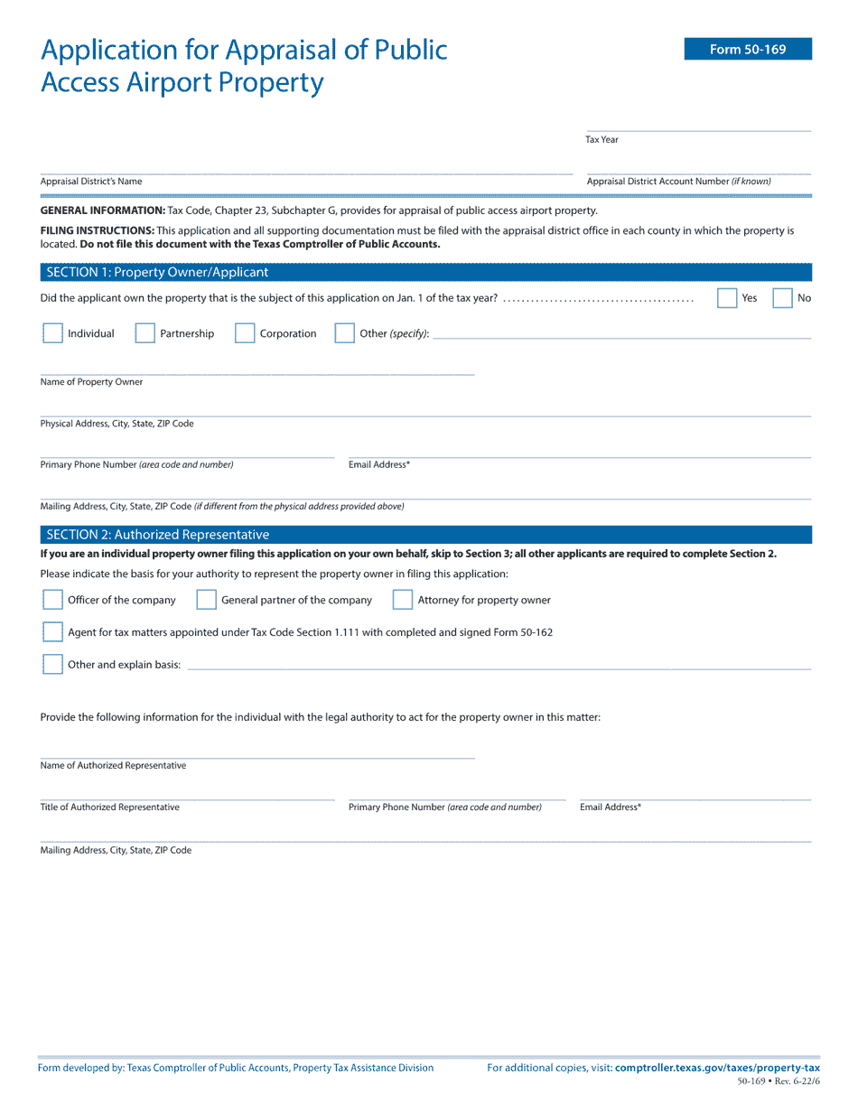 Form 50-169 Application for Appraisal of Public Access Airport Property - Texas, Page 1