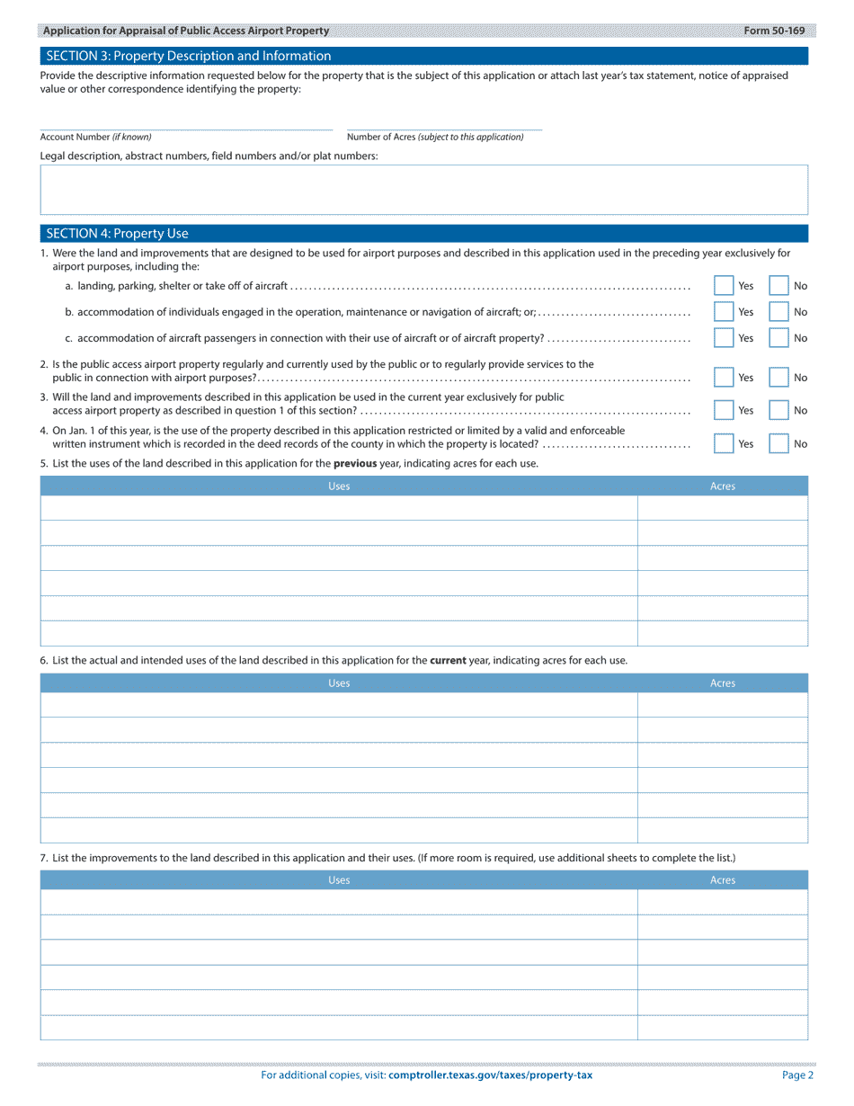 Form 50-169 Application for Appraisal of Public Access Airport Property - Texas, Page 2