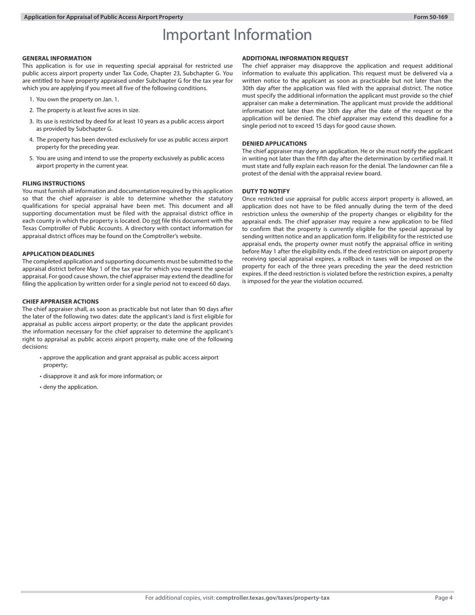 Form 50-169 Application for Appraisal of Public Access Airport Property - Texas, Page 4