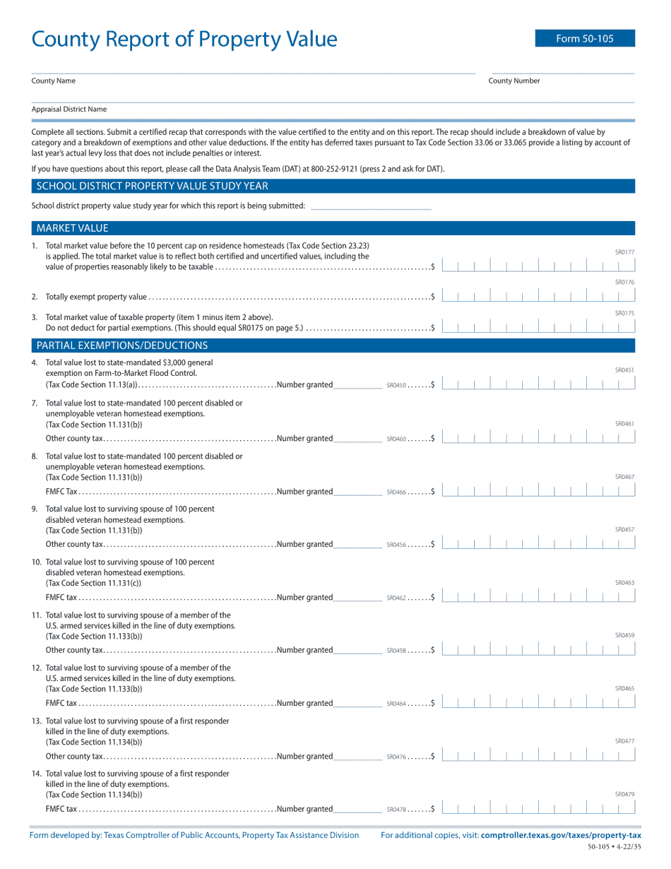 Form 50-105 County Report of Property Value - Texas, Page 1