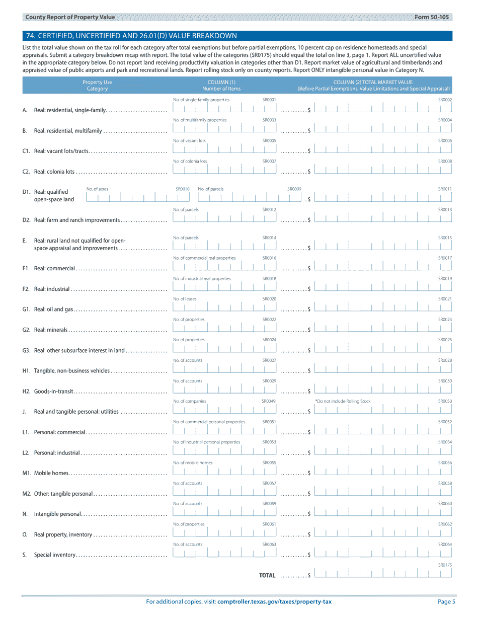 Form 50-105 County Report of Property Value - Texas, Page 5