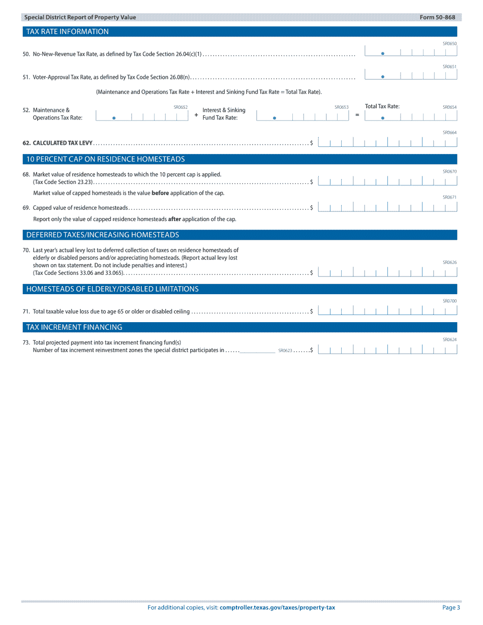 Form 50-868 Special District Report of Property Value - Texas, Page 3
