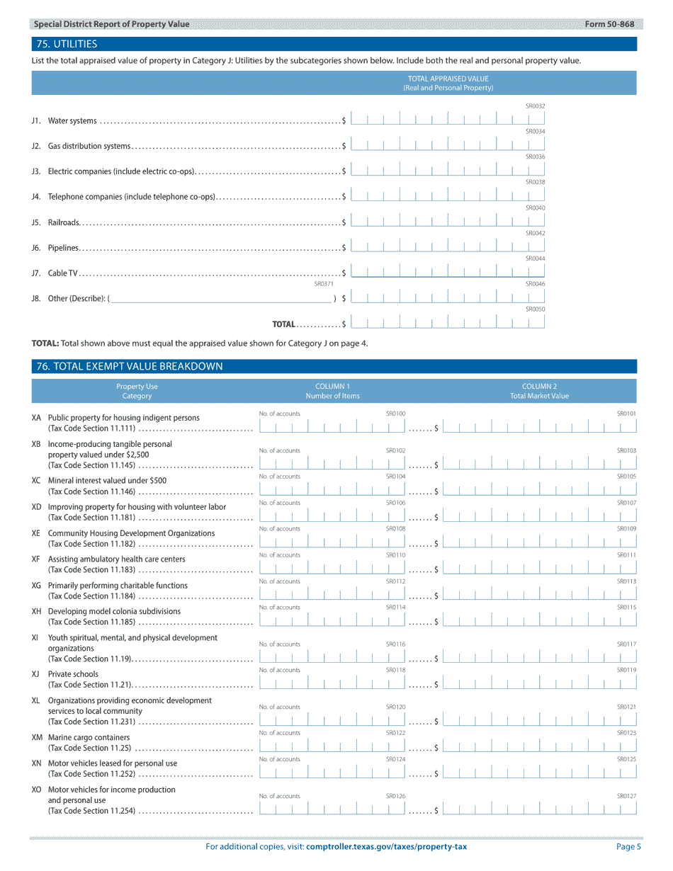 Form 50-868 Special District Report of Property Value - Texas, Page 5