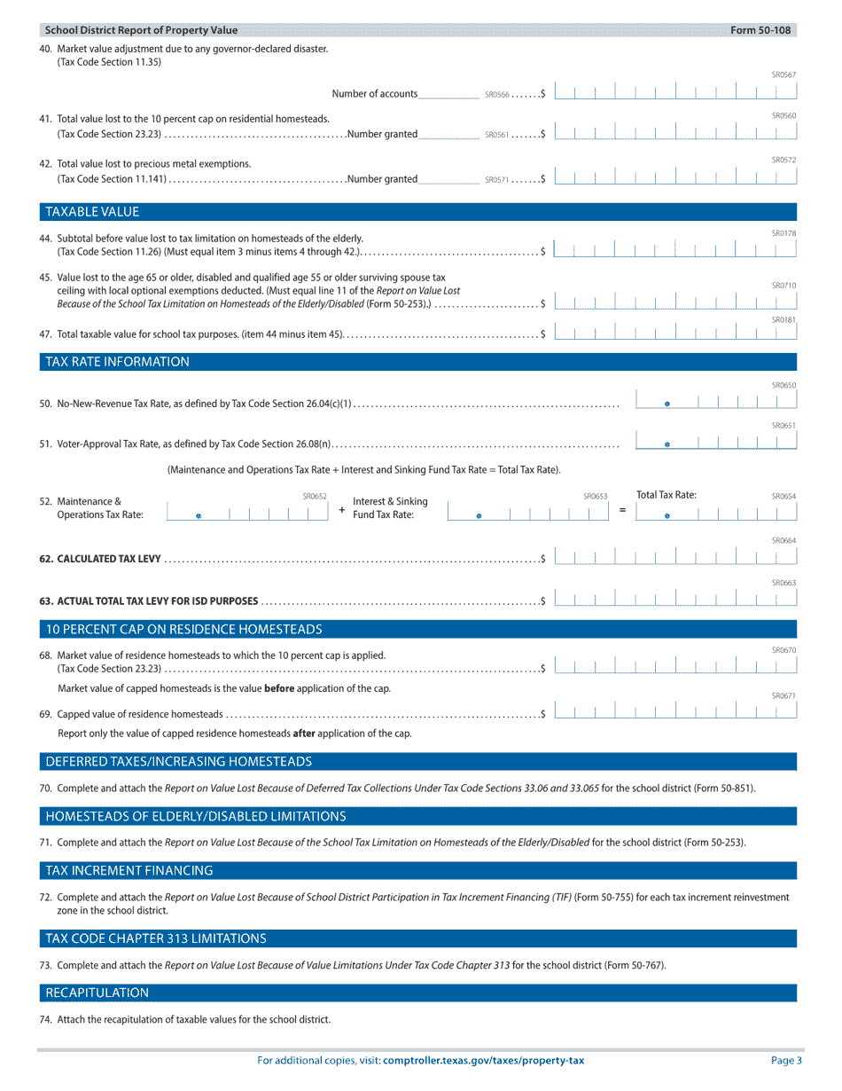 Form 50-108 School District Report of Property Value - Texas, Page 3