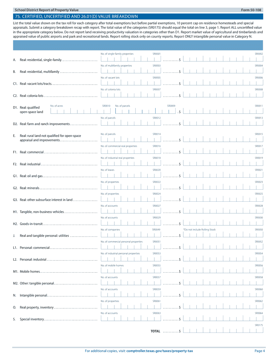 Form 50-108 School District Report of Property Value - Texas, Page 4