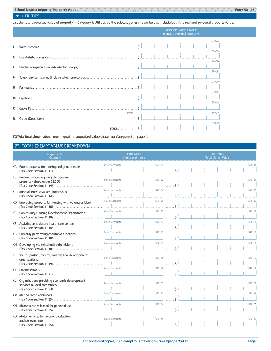 Form 50-108 School District Report of Property Value - Texas, Page 5