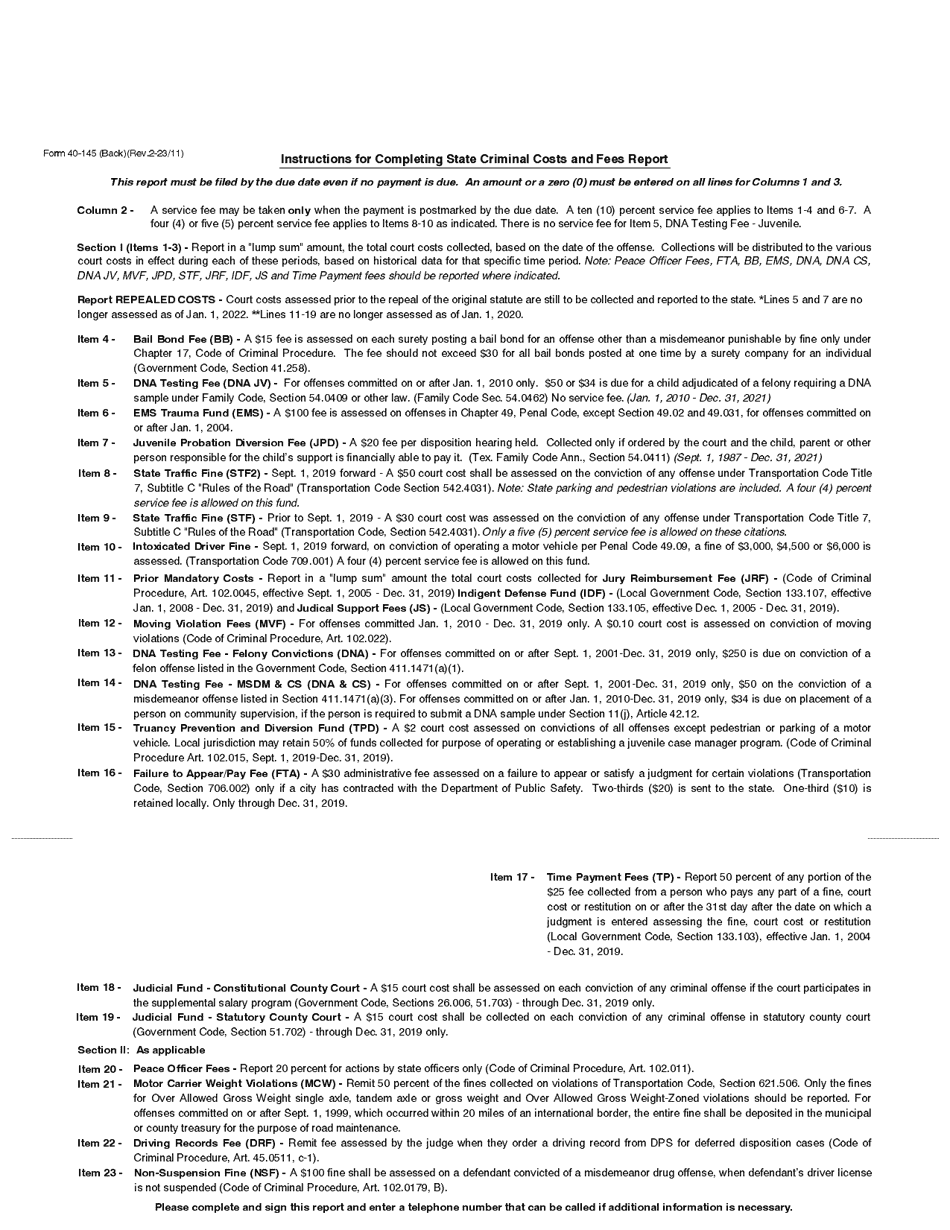 Form 40-145 State Criminal Costs and Fees - City Quarterly Report - Texas, Page 2