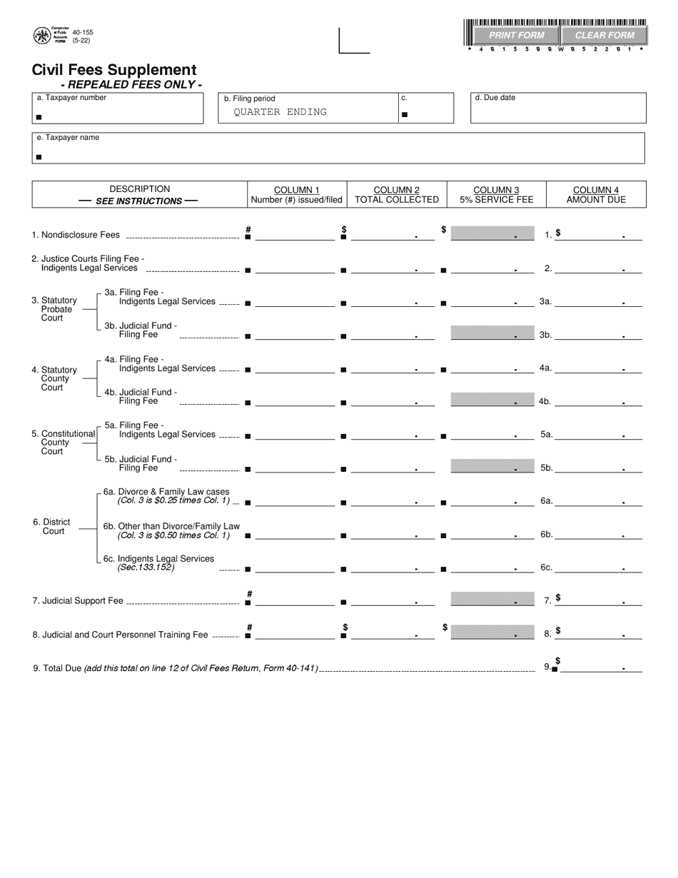 Form 40-155 Civil Fees Supplement - Texas, Page 1