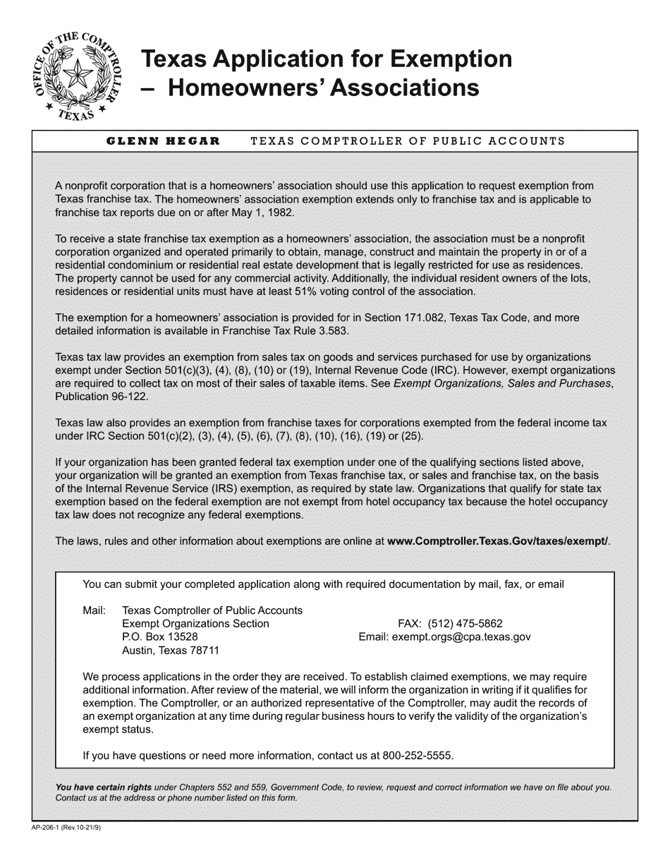 Form AP-206-1 Texas Application for State Tax Exemption for Homeowners Associations - Texas, Page 1