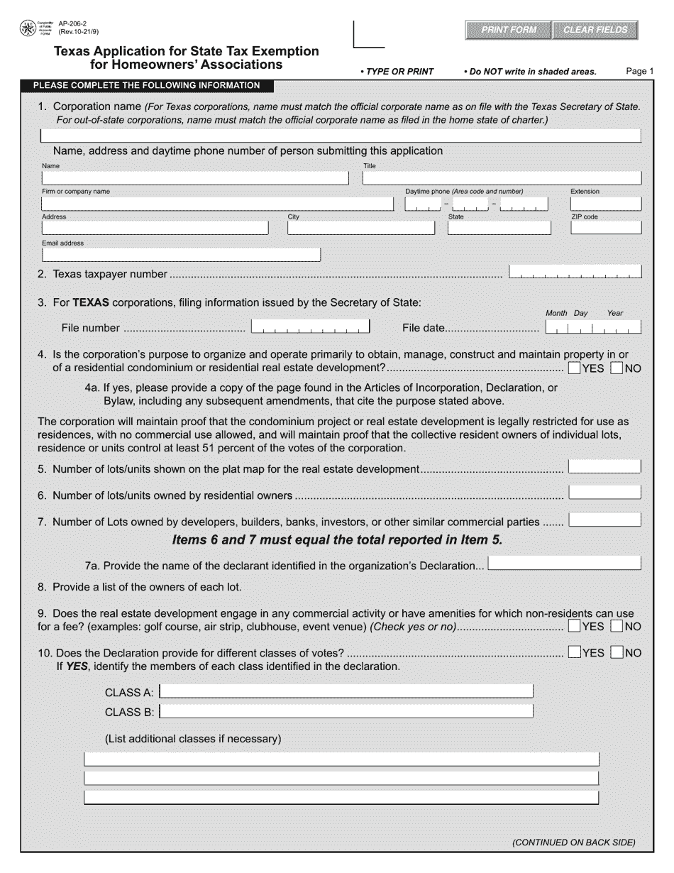 Form AP-206-1 Texas Application for State Tax Exemption for Homeowners Associations - Texas, Page 2