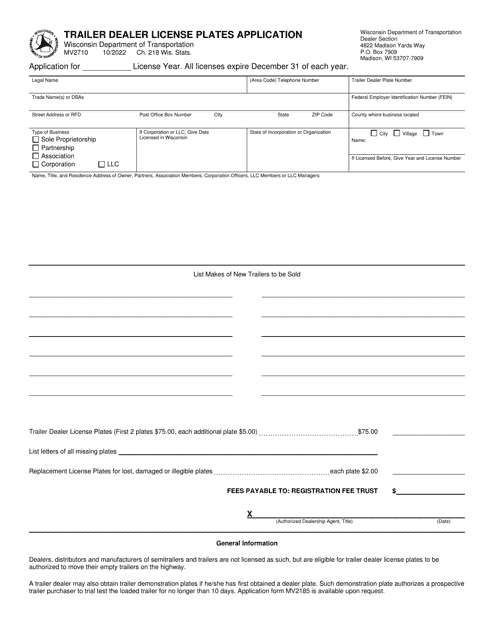 Form MV2710 Trailer Dealer License Plates Application - Wisconsin