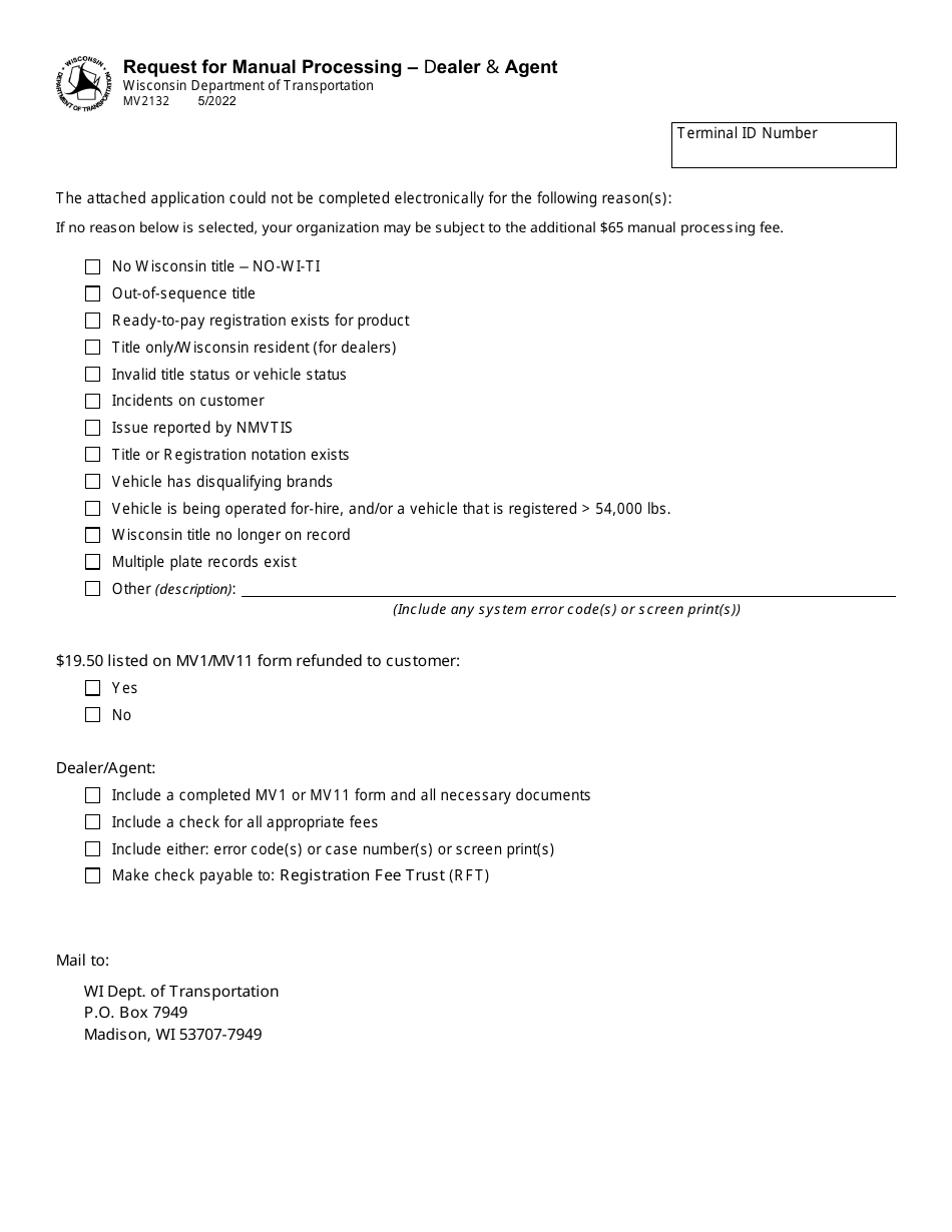 Form MV2132 Request for Manual Processing - Dealer  Agent - Wisconsin, Page 1