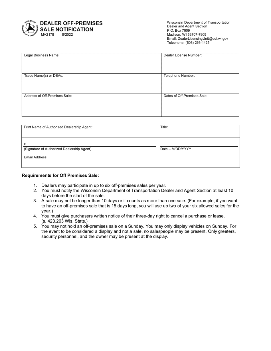 Form MV2178 Dealer off-Premises Sale Notification - Wisconsin, Page 1