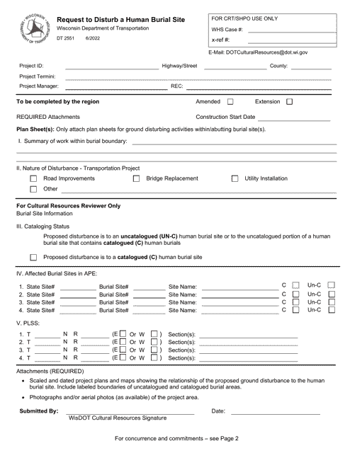 Form DT2551 Request to Disturb a Human Burial Site - Wisconsin