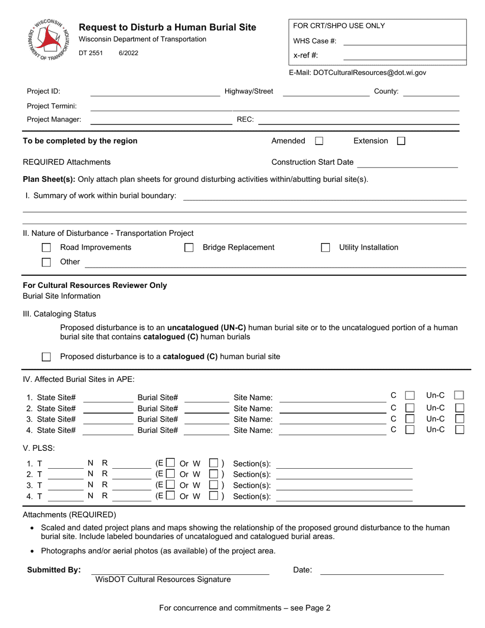 Form DT2551 Request to Disturb a Human Burial Site - Wisconsin, Page 1