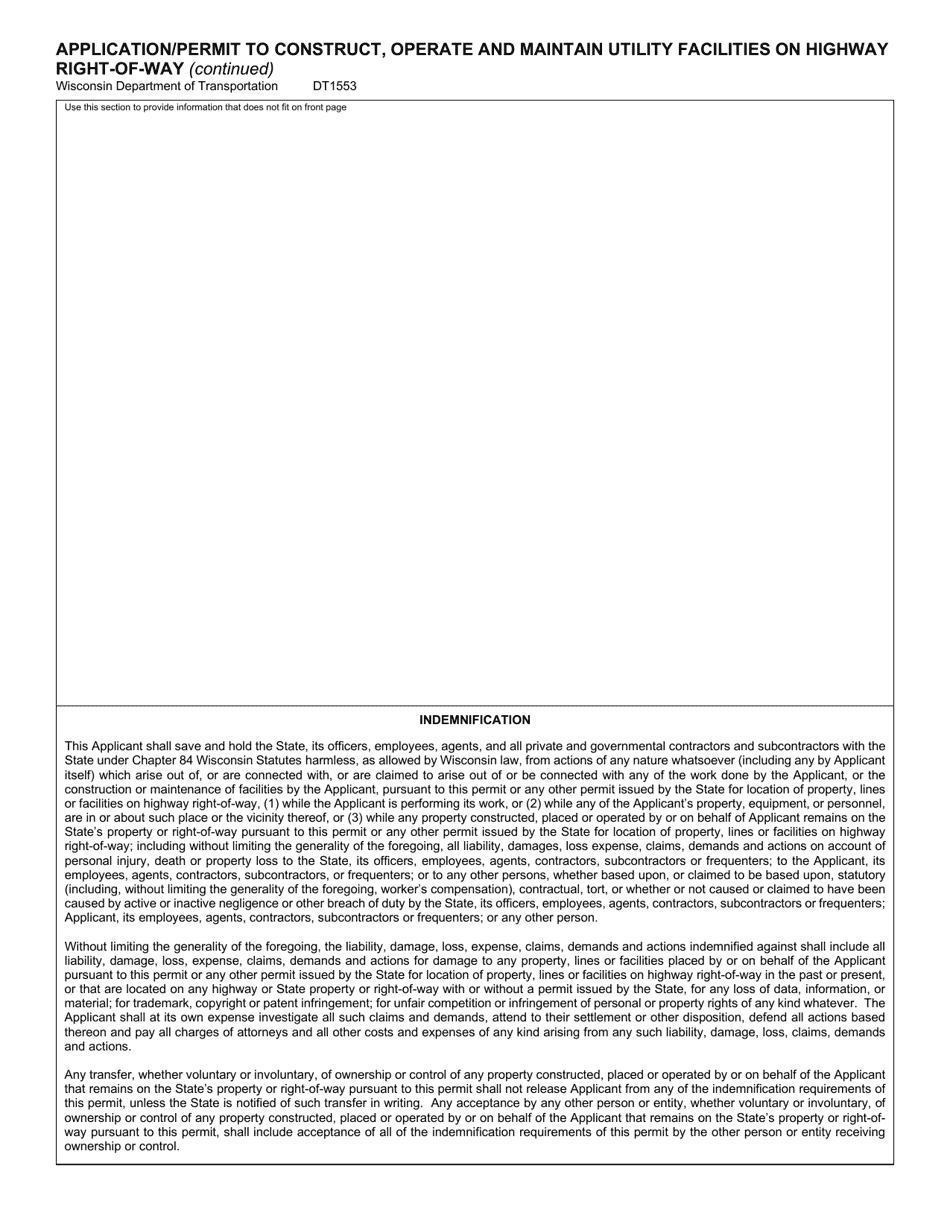 Form DT1553 Application / Permit to Construct, Operate and Maintain Utility Facilities on Highway Right-Of-Way - Wisconsin, Page 2