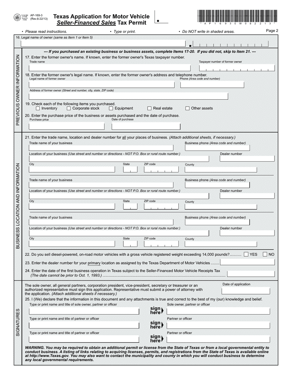 Form Ap 169 Download Fillable Pdf Or Fill Online Texas Application For Motor Vehicle Seller