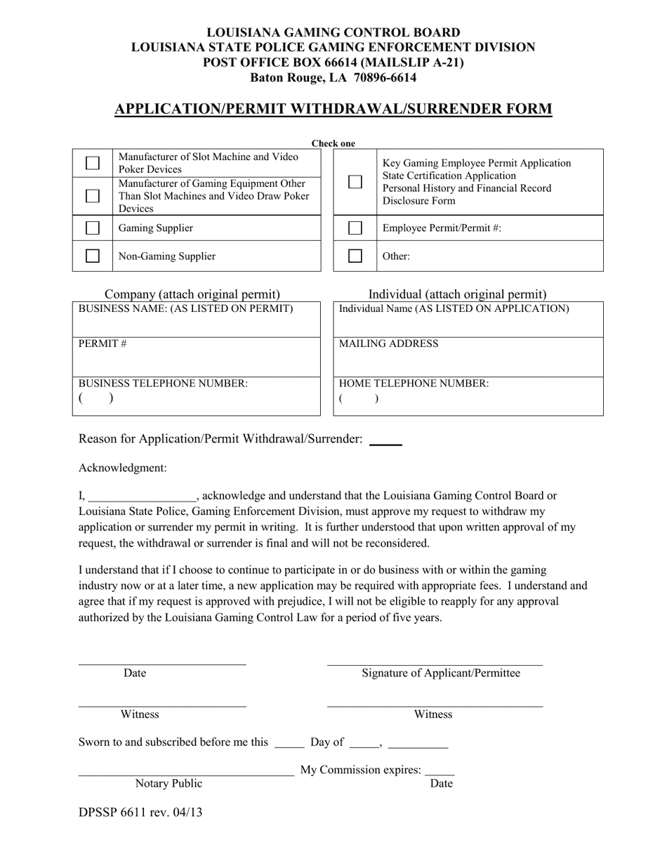 Form DPSSP6611 Manufacturer / Supplier Application / Permit Withdrawal / Surrender Form - Louisiana, Page 1