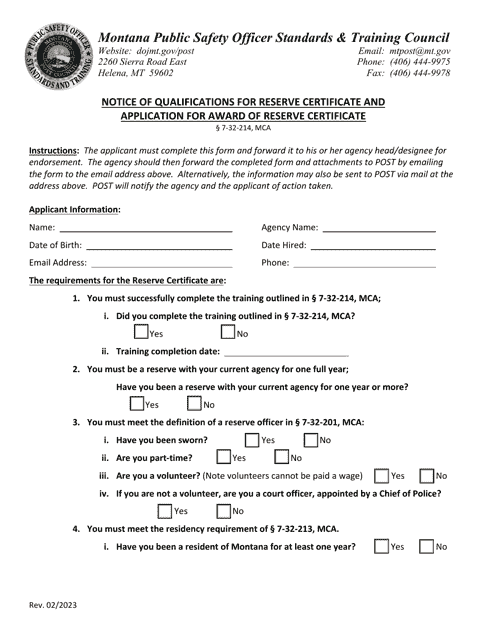 Notice of Qualifications for Reserve Certificate and Application for Award of Reserve Certificate - Montana Download Pdf