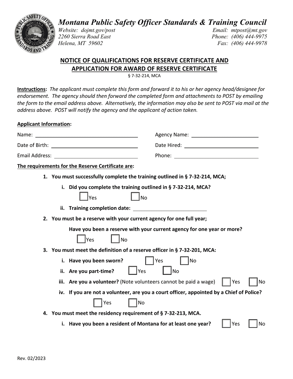 Notice of Qualifications for Reserve Certificate and Application for Award of Reserve Certificate - Montana, Page 1