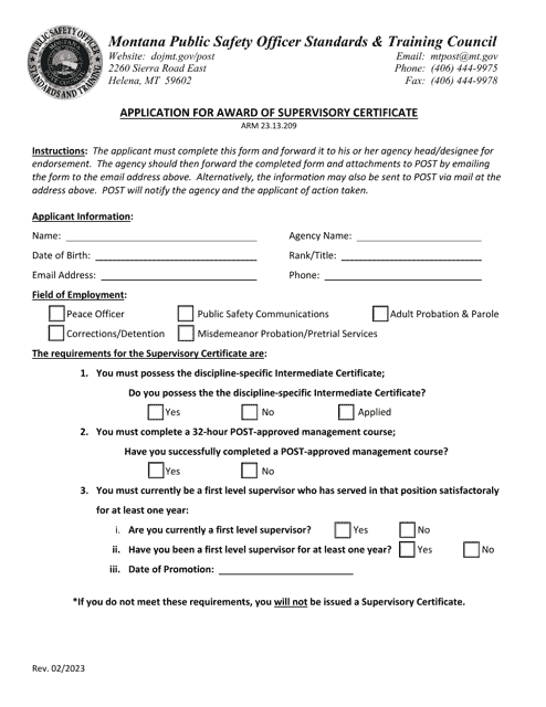 Application for Award of Supervisory Certificate - Montana Download Pdf