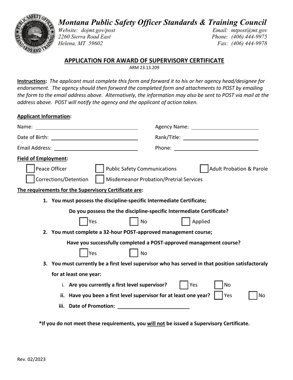 Application for Award of Supervisory Certificate - Montana, Page 1