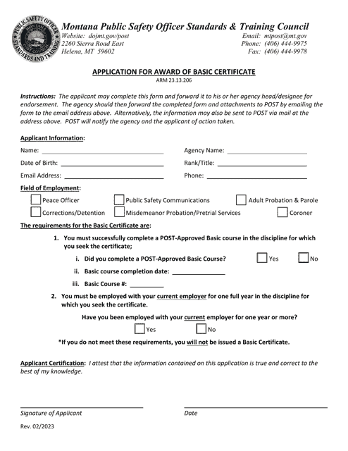 Application for Award of Basic Certificate - Montana