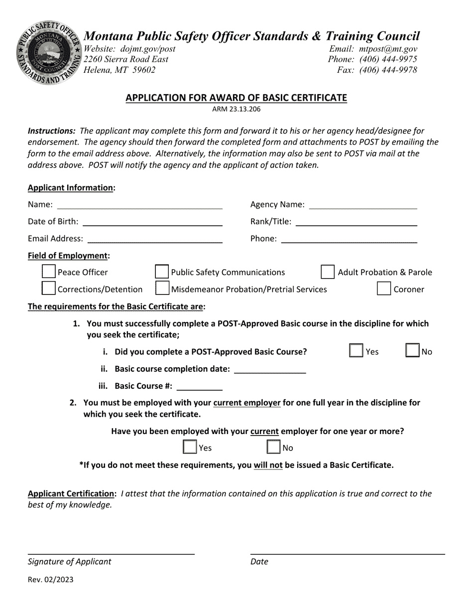 Application for Award of Basic Certificate - Montana, Page 1