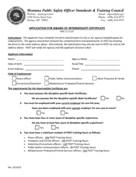 Document preview: Application for Award of Intermediate Certificate - Montana