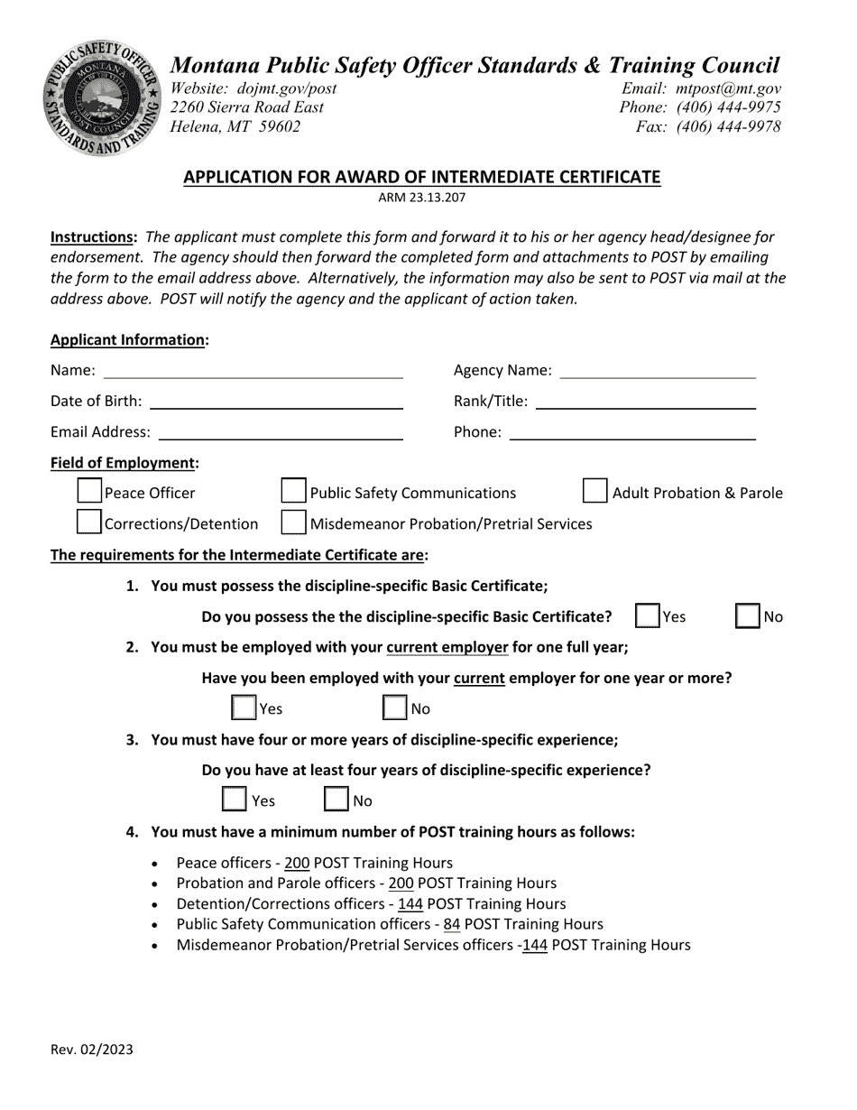 Application for Award of Intermediate Certificate - Montana, Page 1
