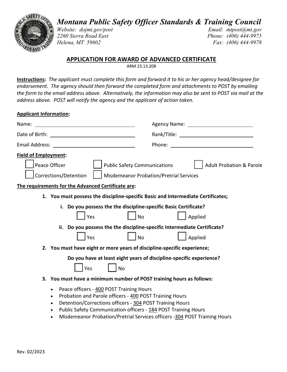 Application for Award of Advanced Certificate - Montana, Page 1