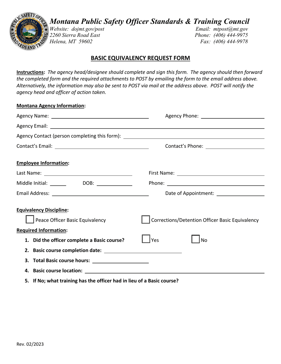 Asic Equivalency Request Form - Montana, Page 1