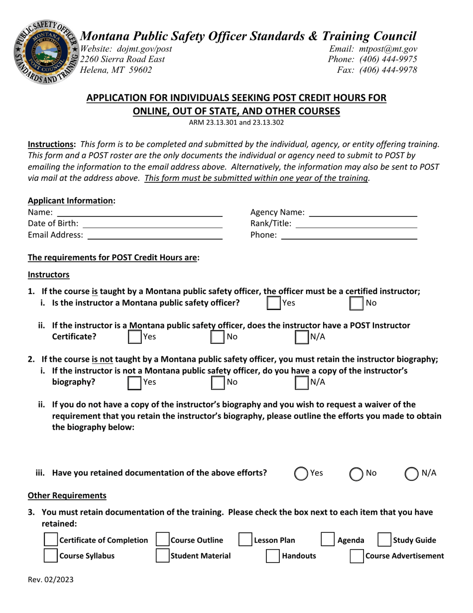 Application for Individuals Seeking Post Credit Hours for Online, out of State, and Other Courses - Montana, Page 1