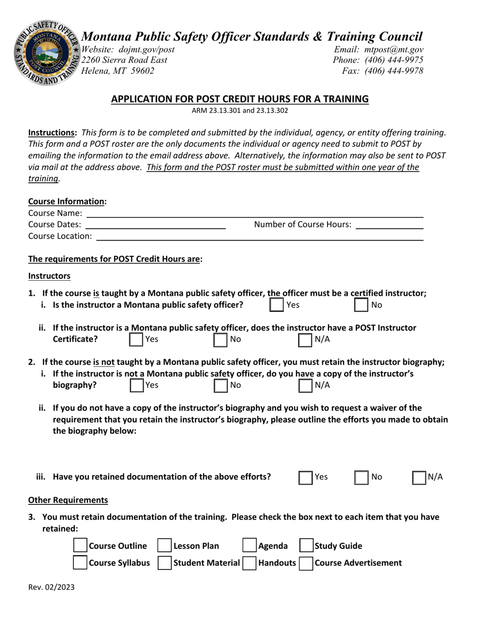 Application for Post Credit Hours for a Training - Montana, Page 1