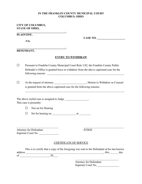 Entry to Withdraw - Franklin County, Ohio Download Pdf
