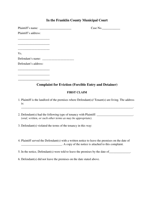 Complaint for Eviction (Forcible Entry and Detainer) - 2 Cause - Franklin County, Ohio Download Pdf