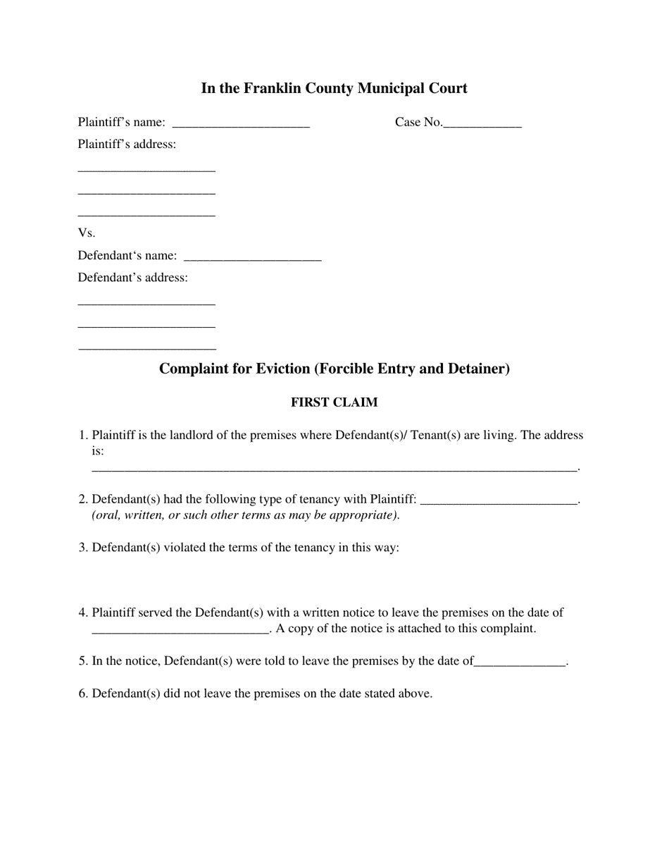 Franklin County, Ohio Complaint for Eviction (Forcible Entry and Detainer) 2 Cause Fill Out