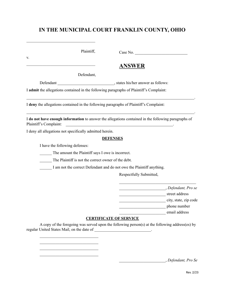 Franklin County, Ohio Answer - Fill Out, Sign Online and Download PDF | Templateroller