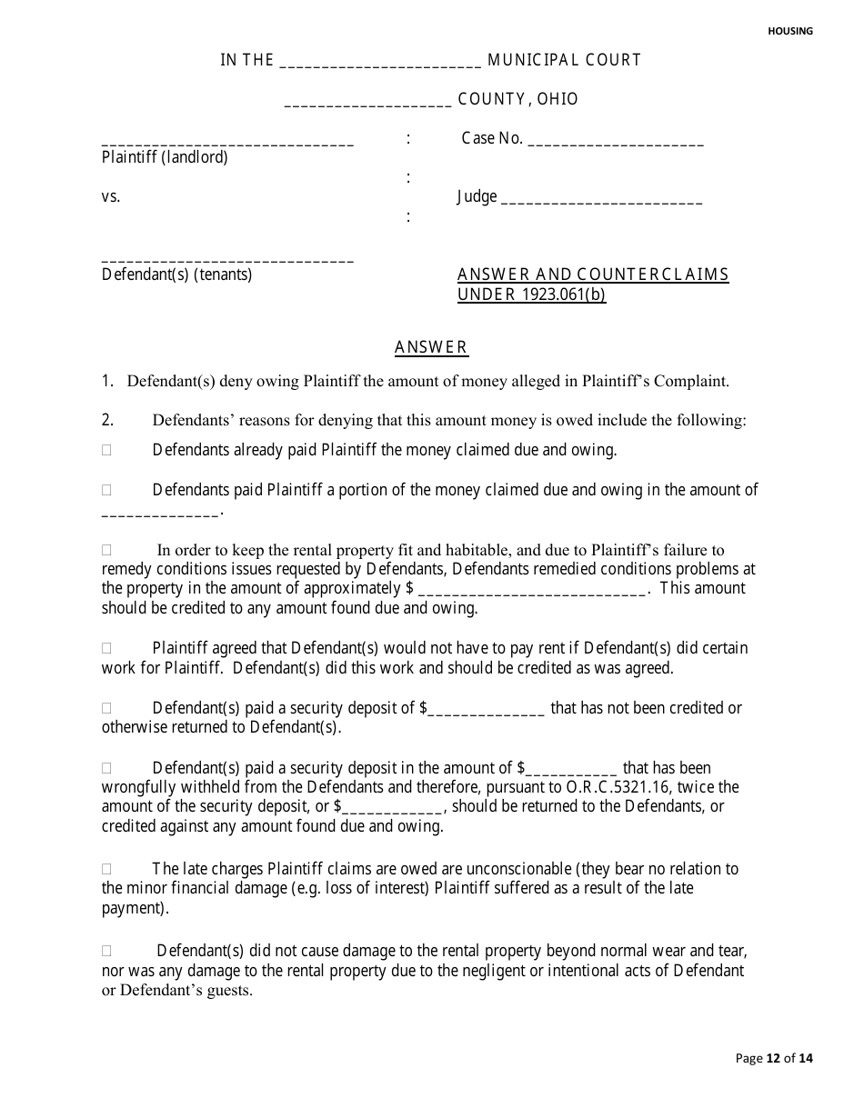 Eviction Counterclaim - Franklin County, Ohio, Page 1